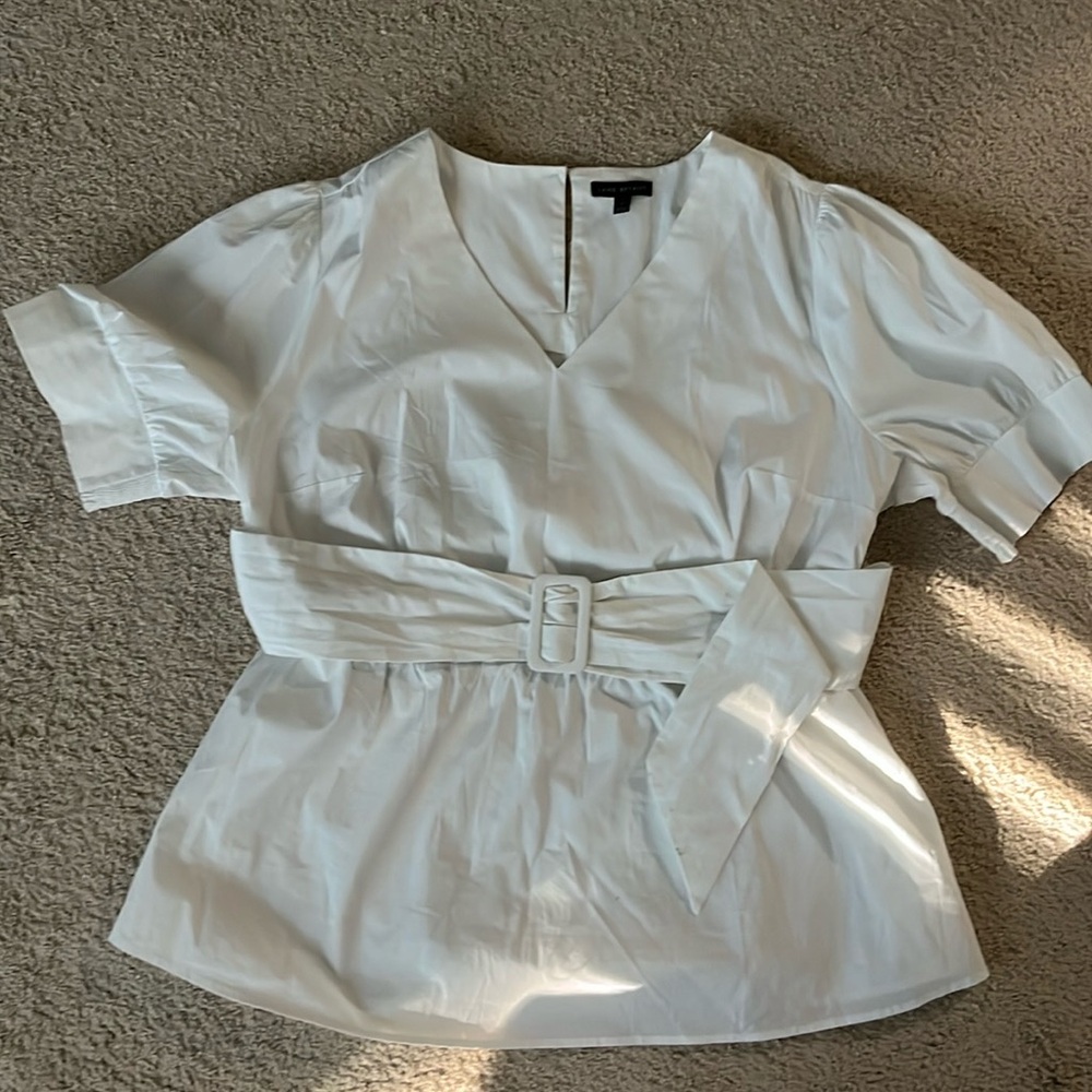 Lane Bryant white short sleeve belted blouse
